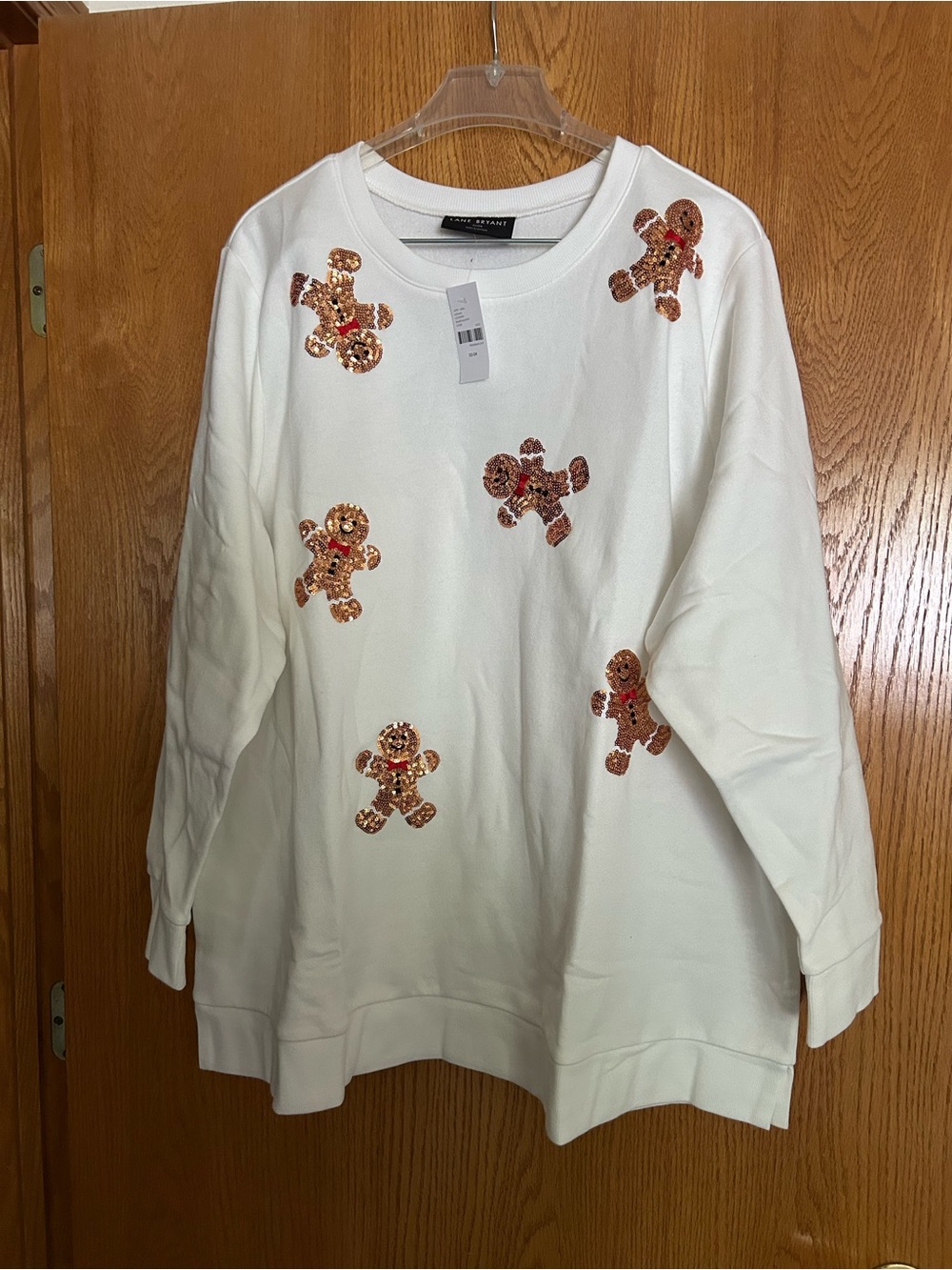 Lane Bryant White Sweatshirt with Sequin Gingerbread Motifs